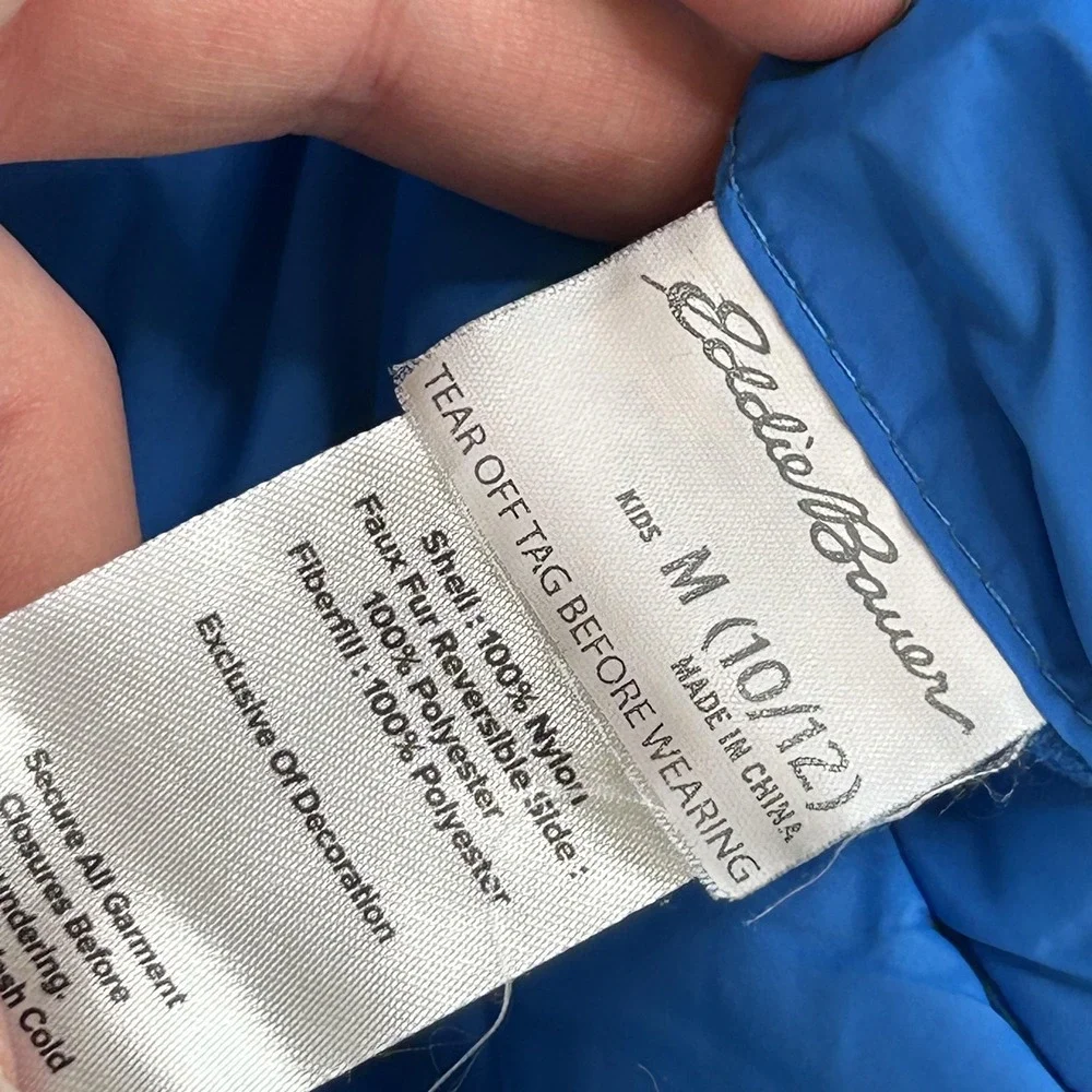 Eddie Bauer Jacket Kids Medium 10/12 Blue Hooded Puffer Reversible Sherpa Winter - Picture 8 of 14